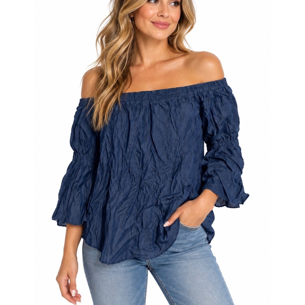 Denim by Ellison Off Shoulder Top Womens S Blue Crinkle Chambray Boho RT1436-5
